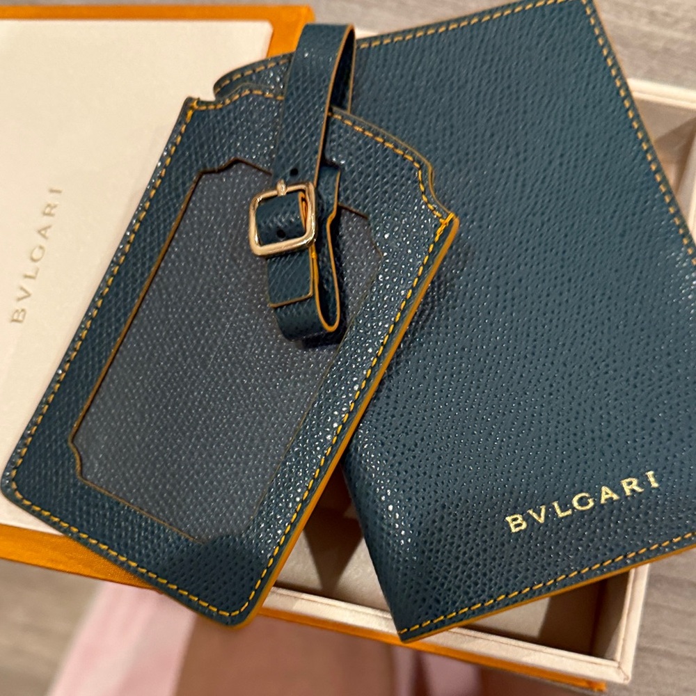 BVLGARI Teal Leather Passport Holder & Luggage Tag Set
